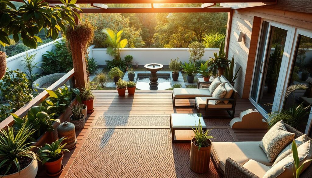 A beautifully designed terrace overlooking a serene garden. The foreground features an array of potted plants, lush greenery, and cozy outdoor furniture arranged in a harmonious layout. The middle ground showcases a wooden deck with intricate patterns, complemented by a modern glass-topped table and comfortable lounge chairs. In the background, a tranquil water feature, such as a small fountain or a reflecting pool, creates a soothing ambiance. The scene is bathed in warm, golden afternoon light, casting soft shadows and highlighting the natural textures. The overall atmosphere is one of relaxation, inspiration, and a harmonious blend of indoor and outdoor living.
