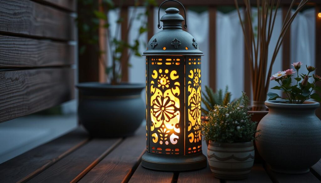 A cozy, well-lit outdoor scene featuring a decorative lantern on a wooden patio or terrace. The lantern has a unique, handmade charm, with intricate patterns or designs carved into its surface, casting delicate shadows on the surrounding area. Soft, warm lighting emanates from within, creating a inviting and intimate atmosphere. The lantern is positioned among potted plants, flowers, or other natural decor, complementing the earthy, organic feel of the setting. Subtle, natural textures and colors, such as weathered wood, lush greenery, and muted tones, set the overall mood. The composition emphasizes the lantern as the focal point, framed by the surrounding elements to showcase its artful, personalized design.