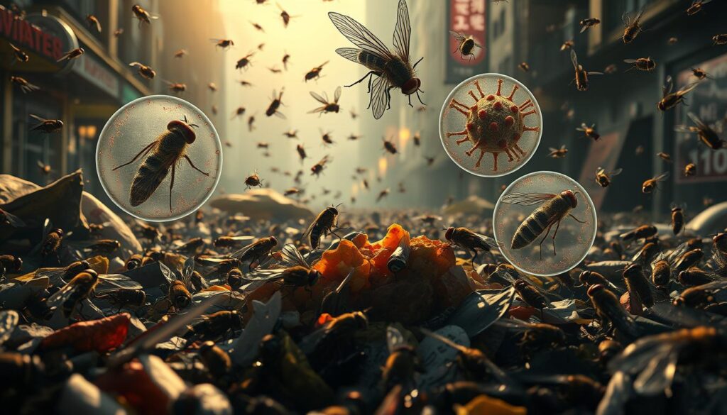 A detailed illustration of the health hazards posed by flies, depicting various pathogens and diseases they can transmit. Foreground shows a swarm of realistic flies swarming around discarded food and waste, with a middle ground showcasing detailed microscopic views of bacteria, viruses, and parasites they carry. The background features an ominous, dimly lit urban setting, hinting at the widespread nature of these threats. The image should convey a sense of danger and urgency, with a cinematic, high-contrast lighting scheme and a slightly unsettling, realistic style.
