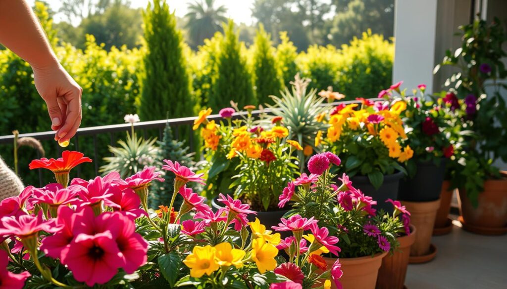 A lush, well-lit outdoor scene featuring a variety of vibrant, thriving potted flowers adorning a sun-dappled patio or balcony. In the foreground, a mix of blooming annuals and perennials, their petals glistening with fine water droplets, are carefully tended by the hands of a gardener. The middle ground showcases a selection of larger container plants, their leaves rustling gently in a soft breeze. In the background, a backdrop of verdant greenery, perhaps a few towering trees or a hedgerow, creates a soothing, natural ambiance. The overall composition conveys a sense of peaceful, nurturing care, with the flowers basking in the warm, even lighting of a golden hour setting.
