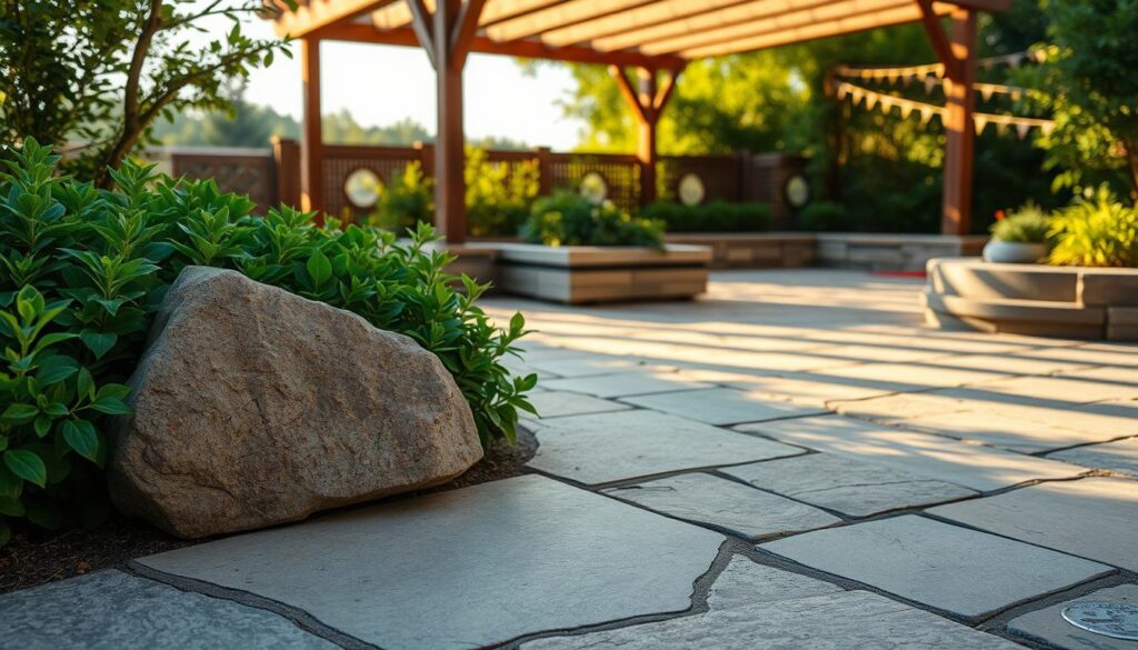 A natural stone patio with a warm, inviting atmosphere. In the foreground, a large, irregularly shaped flagstone tile sits nestled among lush, verdant foliage. The middle ground features a mix of additional natural stone pavers, arranged in a tasteful, organic pattern, their surfaces weathered and textured. In the background, a wooden trellis or pergola casts gentle shadows, creating a sense of depth and architectural interest. The lighting is soft and diffused, lending a tranquil, golden-hour glow to the scene. The overall composition evokes a sense of timeless elegance and a harmonious integration of the natural and built environments.