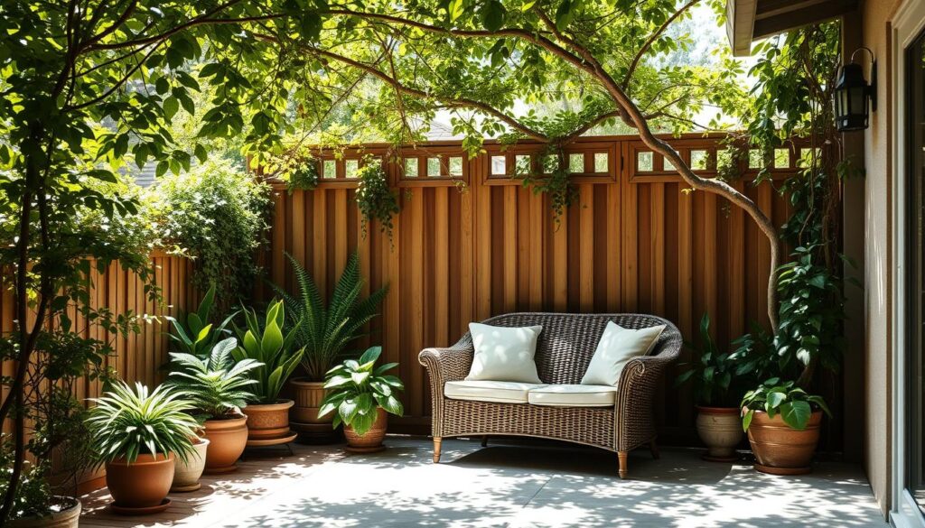 A serene backyard oasis, a cozy patio nestled between lush greenery. Elegant wooden screens filter the sunlight, casting delicate shadows across the terrace. Potted plants and trailing vines create a natural privacy barrier, shielding the space from curious neighbors. A wicker loveseat invites relaxation, as a gentle breeze rustles the leafy canopy overhead. The scene is bathed in soft, warm lighting, evoking a sense of tranquility and seclusion. Harmonious textures and muted tones blend seamlessly, crafting an inviting outdoor haven away from prying eyes.