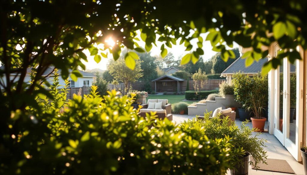 A serene outdoor oasis on a tranquil private terrace, bathed in warm afternoon sunlight. In the foreground, lush greenery and potted plants create a natural barrier, filtering ambient noise and obscuring the view of neighboring properties. The middle ground features comfortable patio furniture, inviting one to relax and unwind away from prying eyes. The background showcases a beautiful landscaped garden, with a hint of a garden shed or other architectural element providing a sense of enclosure and seclusion. The overall mood is one of peaceful solitude, where the occupant can enjoy the outdoor space with a heightened sense of privacy and personal sanctuary.