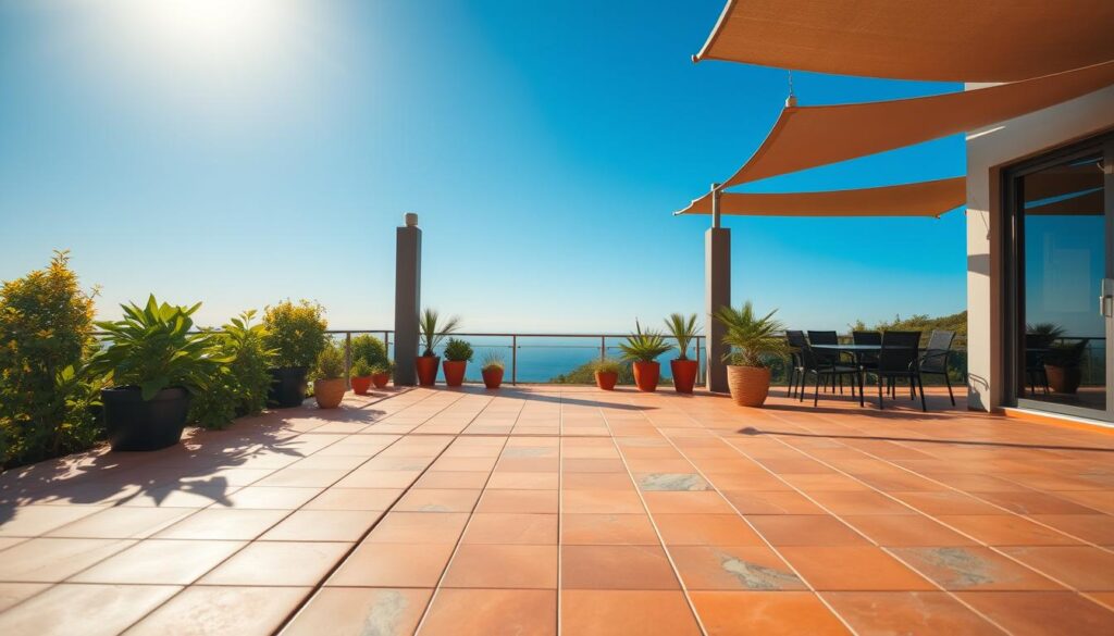 A serene outdoor patio under a bright, sunny sky. The foreground features a well-crafted, weatherproof terrace surface, showcasing a visually appealing and durable flooring material. The middle ground highlights lush greenery and potted plants, adding a natural touch to the space. The background depicts a tranquil, unobstructed view, emphasizing the openness and exposure of the unshaded terrace. The lighting is natural and warm, casting a soft, inviting glow across the scene. The overall atmosphere conveys a sense of relaxation and resilience, perfectly suited for an article on weather-resistant patio surfaces.