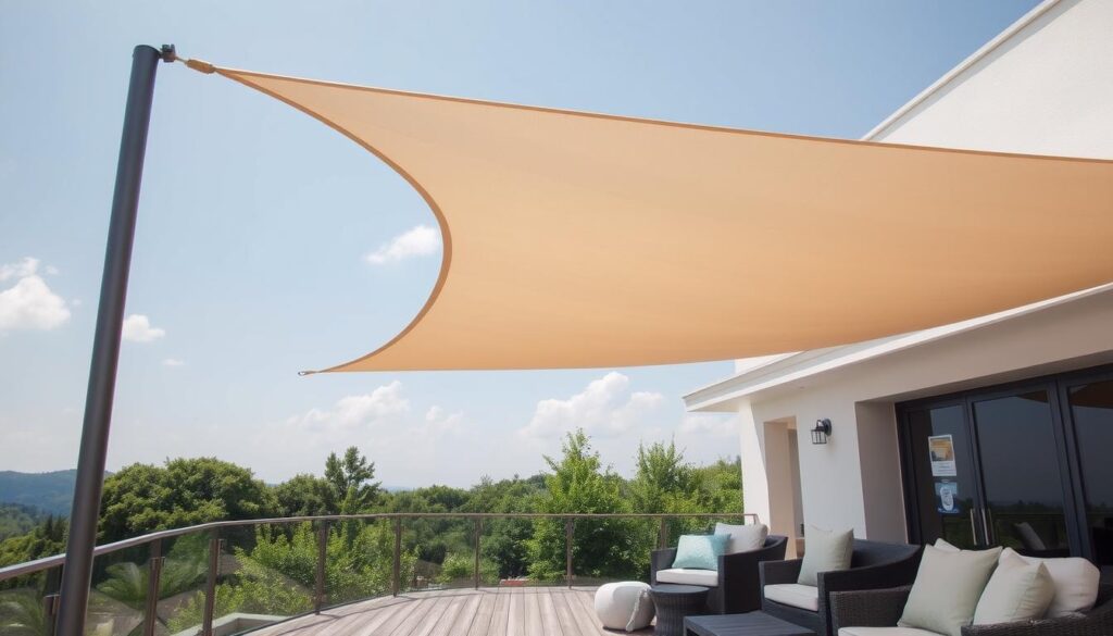 A serene outdoor terrace with a beautifully installed sun shade, casting soft, natural light across the scene. The sun sail is tautly suspended from sturdy metal brackets, its fabric panels billowing gracefully in a gentle breeze. The terrace features smooth, weathered wood decking and plush, comfortable seating arrangements, creating an inviting and relaxing atmosphere. In the background, lush greenery and a cloudless sky complete the tranquil, picturesque setting, perfectly suited for enjoying a sunny day while protected from the glare.