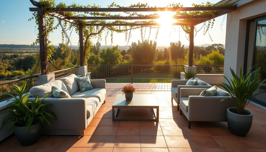 A serene, sun-drenched outdoor scene showcasing a stylish, modern terrace setting. In the foreground, a plush, inviting outdoor sofa and matching armchairs in neutral tones, arranged around a low, sleek coffee table. Vibrant, lush potted plants and colorful throw pillows add pops of greenery and texture. The middle ground features a tiled terrace floor in warm, earthy tones, leading the eye towards a wrought-iron pergola structure with delicate, trailing vines cascading overhead. In the background, a glimpse of a tranquil garden with verdant trees and a distant horizon, bathed in the golden glow of a late afternoon sun. The entire scene exudes a sense of relaxation and sophisticated, outdoor elegance.