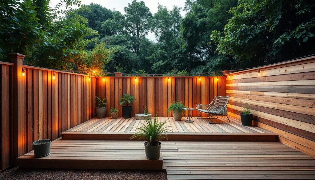 A simple, rustic wooden terrace set against a backdrop of lush greenery. The deck is constructed without any visible support beams or a traditional foundation, creating a minimalist and cost-effective design. Warm, soft lighting casts a cozy glow, highlighting the natural wood grain and texture. Potted plants and simple outdoor furnishings dot the space, suggesting a serene and inviting ambiance. The angle of the shot emphasizes the streamlined, freestanding nature of the terrace, showcasing an economical yet stylish approach to patio design.