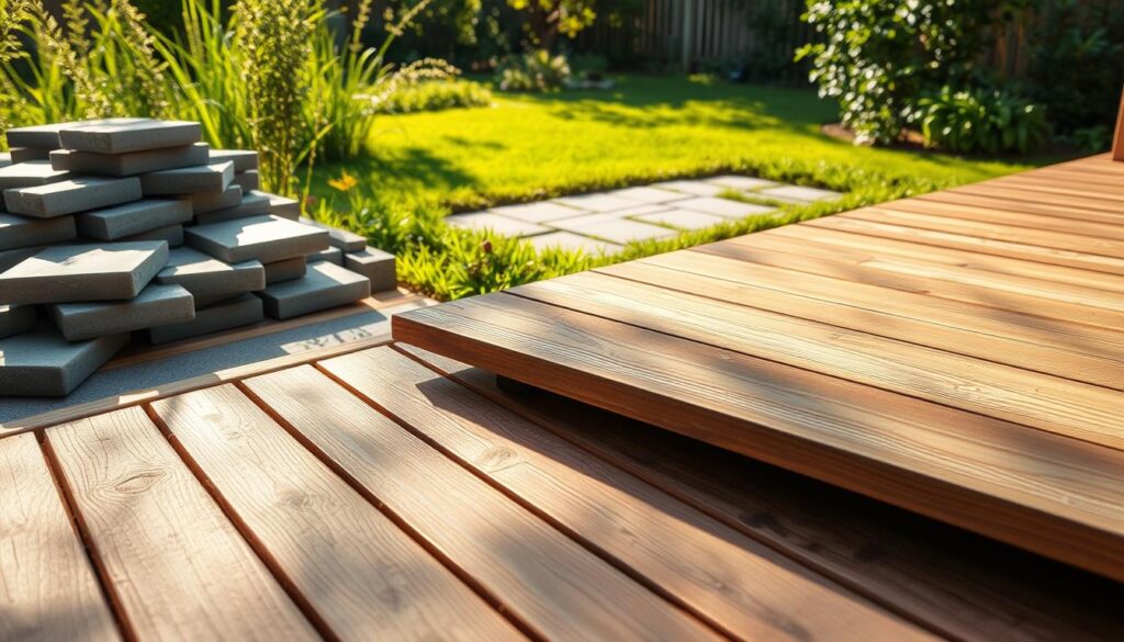 A sun-dappled outdoor scene showcasing an array of high-quality materials for a backyard deck. In the foreground, rustic wooden planks, smooth-sanded and stained in rich earthy tones, await arrangement. Nearby, a pile of sleek, gray concrete pavers and sturdy metal brackets glint subtly in the warm, diffused lighting. In the middle ground, lush green grass and verdant foliage frame the composition, hinting at the natural surroundings. Soft shadows and highlights cast by the afternoon sun create depth and texture, evoking a sense of tranquility and the promise of a beautifully crafted outdoor living space. A sun-dappled outdoor scene showcasing an array of high-quality materials for a backyard deck. In the foreground, rustic wooden planks, smooth-sanded and stained in rich earthy tones, await arrangement. Nearby, a pile of sleek, gray concrete pavers and sturdy metal brackets glint subtly in the warm, diffused lighting. In the middle ground, lush green grass and verdant foliage frame the composition, hinting at the natural surroundings. Soft shadows and highlights cast by the afternoon sun create depth and texture, evoking a sense of tranquility and the promise of a beautifully crafted outdoor living space.