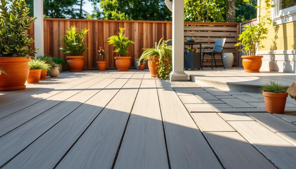 A sun-drenched patio with a variety of weather-resistant materials showcasing alternatives to traditional wood decking. In the foreground, a sleek composite material in an elegant gray tone, its smooth surface glistening. Behind it, a section of durable PVC boards in a natural wood-like finish. Further back, striking concrete pavers in a geometric pattern create a modern, low-maintenance option. Interspersed with potted plants, the overall scene conveys a sense of stylish, low-upkeep outdoor living, ideal for an uncovered terrace. Soft, diffused lighting illuminates the scene, lending a warm, inviting atmosphere.