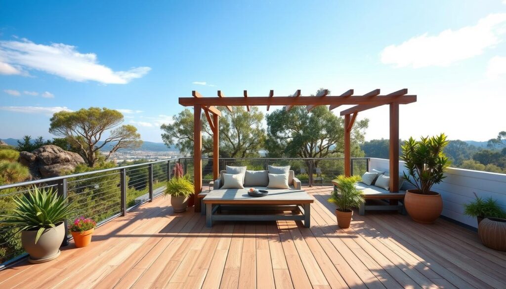 A sun-drenched terrace, its simple yet chic design exuding an aura of warmth and relaxation. In the foreground, a sleek wooden deck extends outward, its natural tones complementing the surrounding greenery. Strategically placed potted plants add pops of vibrant color, while a cozy seating arrangement, featuring weathered-wood benches and plush cushions, invites one to linger and unwind. The middle ground showcases a stylish pergola, its sturdy beams casting gentle shadows that dance across the surface. In the background, a tranquil landscape unfolds, with towering trees and a serene sky overhead, creating a sense of peaceful retreat from the everyday.
