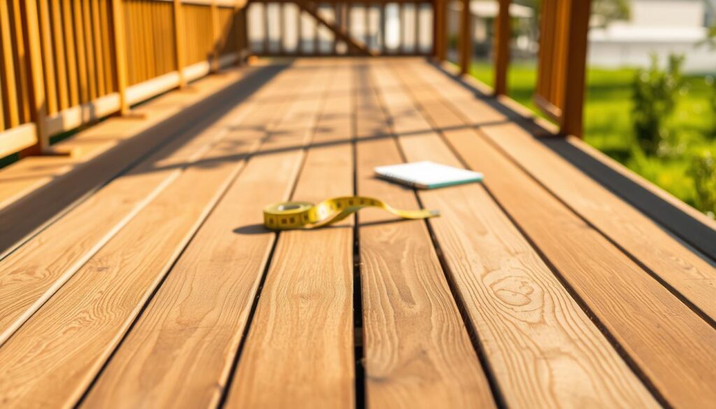 A sun-drenched wooden deck, the boards arranged in a neat, parallel pattern. In the foreground, an array of various decking materials - smooth, textured, and grained - inviting close inspection. In the middle ground, a tape measure and notepad, symbols of careful consideration. The background softly blurred, drawing the eye to the central display of decking options, each subtly differing in color, grain, and finish. Warm, natural lighting casts gentle shadows, highlighting the unique characteristics of each board. An atmosphere of thoughtful contemplation, as the viewer is invited to closely examine the factors to consider when choosing the perfect decking for their outdoor space.