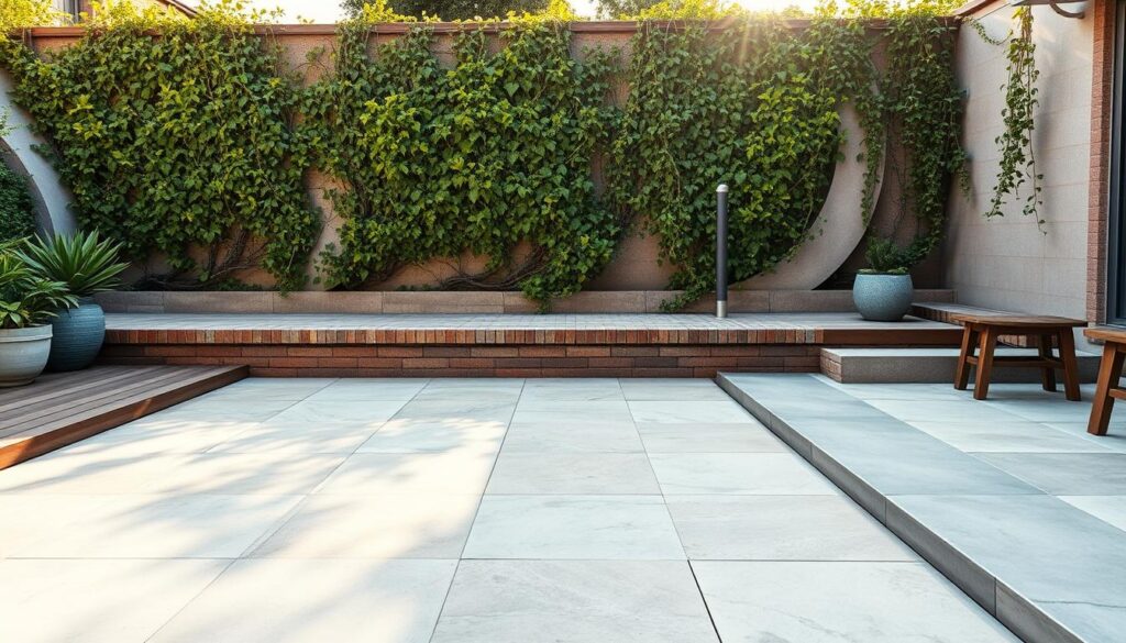 A sunlit outdoor terrace with a variety of popular finishing materials. In the foreground, smooth stone tiles in warm neutral tones cover the ground, while wooden decking planks line the edges. In the middle ground, a mix of sleek porcelain tiles, rustic brick pavers, and contemporary concrete slabs showcase diverse textures and patterns. The background features a lush, verdant wall of climbing vines and trailing plants, casting soft shadows and adding a natural, organic touch. The scene is illuminated by warm, golden sunlight filtering through, creating a tranquil, inviting ambiance perfect for an outdoor living space.