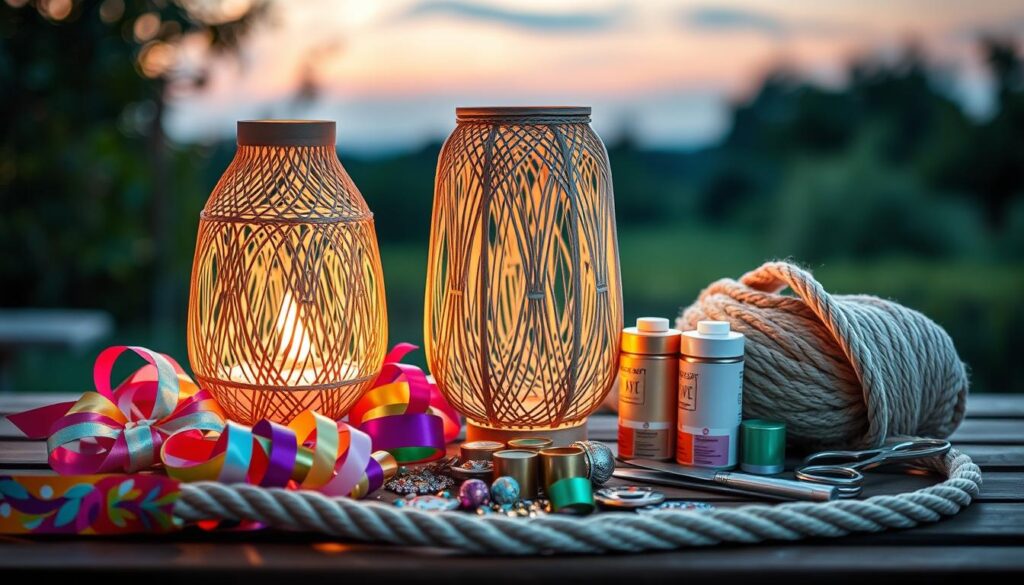 A vibrant still life composition featuring an assortment of materials for crafting a cozy outdoor lampion. In the foreground, a delicate paper lantern frame stands elegantly, its intricate woven pattern casting a warm, inviting glow. Surrounding it, an array of craft supplies are neatly arranged - colorful ribbons, shimmering metallic paints, a pair of scissors, and an assortment of embellishments. In the middle ground, a soft, natural-fiber rope coils gracefully, hinting at the lampion's hanging mechanism. The background is a serene, slightly blurred outdoor setting, with hints of lush greenery and a tranquil twilight sky, setting the stage for this charming DIY scene.