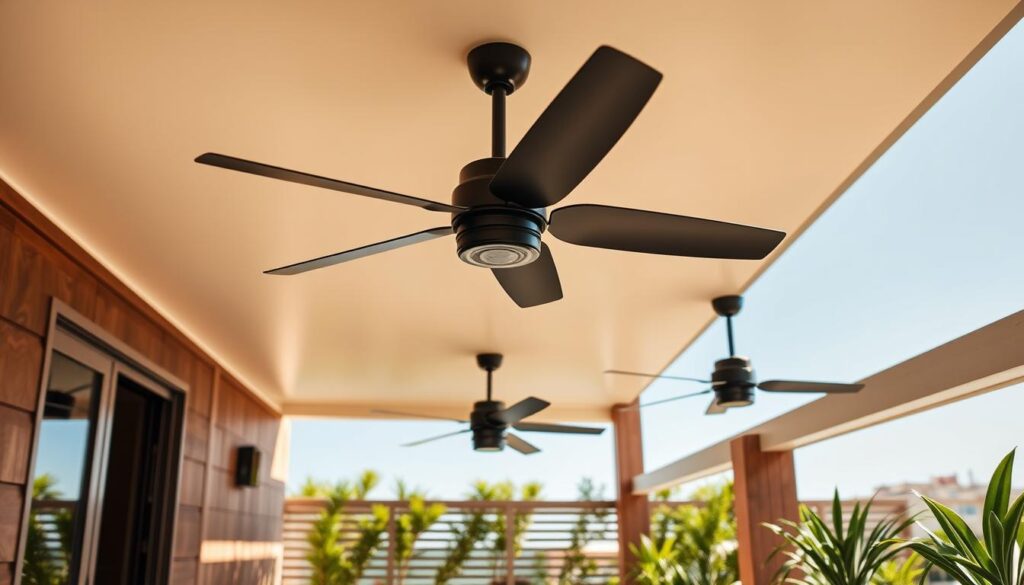 A warm, sun-drenched terrace with sleek, modern ceiling-mounted fans gently circulating the air. The fans' blades are elegantly contoured, their matte black finish creating a sophisticated, industrial-chic aesthetic. Strategically placed to maximize airflow, the fans work in harmony with the terrace's minimalist, wood-paneled design and potted plants lining the perimeter. Subtle shadows and highlights play across the scene, creating a calming, relaxing ambiance perfect for enjoying the outdoors on a hot summer day.