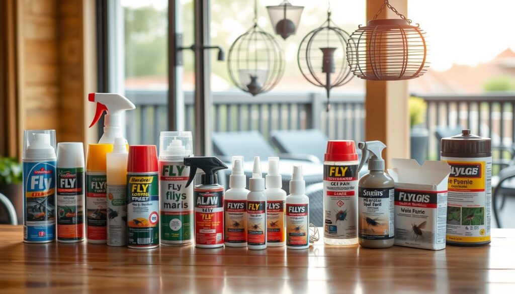 A well-lit display of various fly control products on a wooden table, with a warm, inviting atmosphere. In the foreground, an assortment of aerosol cans, sprays, and baits for flies, showcasing their packaging and labels. The middle ground features a few hanging fly traps and coils, suggesting effective methods for fly management. The background has a subtle, blurred scene of a terrace or patio, hinting at the real-world application of these preparatory items. The overall composition conveys a sense of practicality and professionalism, suitable for illustrating a section on the available fly control products in the market.