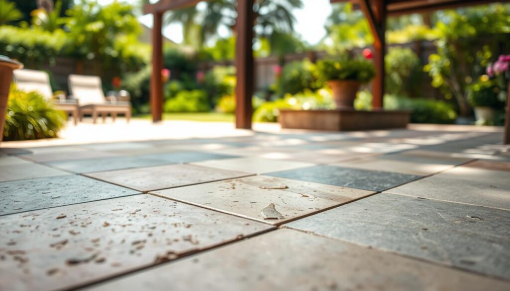A well-lit outdoor scene showcasing a variety of high-quality patio tiles in a harmonious arrangement. The foreground features a close-up of tactile stone or ceramic tiles, each with distinctive textures and hues that capture the eye. The middle ground presents a wider view of the terrace, showcasing the tiles in context, with thoughtful spacing and patterns that create visual interest. The background gently blurs into a verdant garden setting, providing a natural, serene backdrop that complements the chosen tiles. The overall composition conveys a sense of balance, durability, and the importance of selecting the right patio tiles to withstand the elements and enhance the outdoor living space. A well-lit outdoor scene showcasing a variety of high-quality patio tiles in a harmonious arrangement. The foreground features a close-up of tactile stone or ceramic tiles, each with distinctive textures and hues that capture the eye. The middle ground presents a wider view of the terrace, showcasing the tiles in context, with thoughtful spacing and patterns that create visual interest. The background gently blurs into a verdant garden setting, providing a natural, serene backdrop that complements the chosen tiles. The overall composition conveys a sense of balance, durability, and the importance of selecting the right patio tiles to withstand the elements and enhance the outdoor living space.