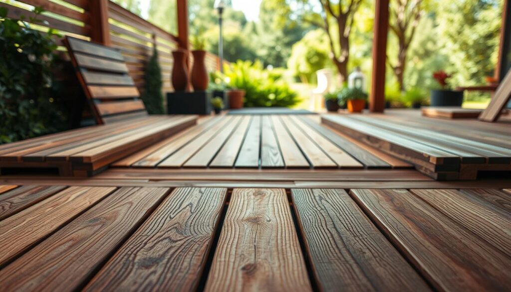 A well-lit outdoor scene showcasing a variety of wooden deck planks arranged in an aesthetically pleasing display. The foreground features close-up views of different wood types, their grains, textures, and colors clearly visible. The middle ground shows the planks arranged in a harmonious pattern, allowing for easy comparison of their qualities. The background depicts a serene natural setting, such as a lush garden or a peaceful patio, to create a calming and inviting atmosphere. The lighting is soft and diffused, accentuating the natural beauty of the wood. The camera angle is slightly elevated to provide an engaging and informative perspective for the viewer.