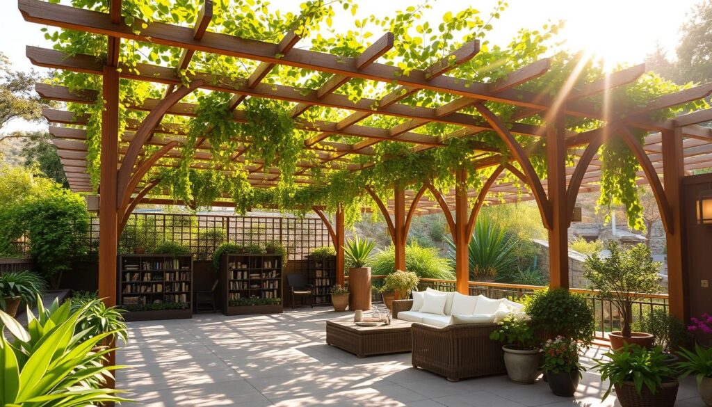 An expansive terrace nestled in lush greenery, with a shaded seating area crafted from intricate wooden structures, enhanced by the warm glow of natural light filtering through the canopy above. Delicate patterns of light and shadow dance across the space, creating a serene and inviting ambiance. Sturdy overhead trellises support a verdant tapestry of climbing vines, casting a gentle, natural shade that shields the space from the sun's intensity. Plush, cozy furniture invites relaxation, while strategically placed planters and potted plants add vibrant pops of color, completing the tranquil, outdoor oasis.