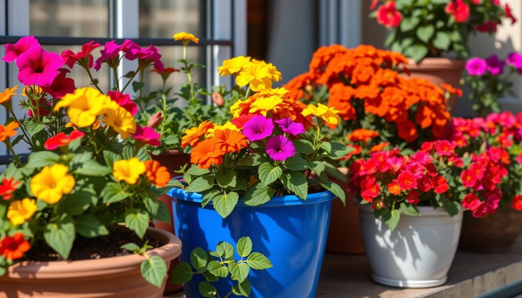 Colorful potted flowers for a balcony terrace: vibrant petunias, cheerful marigolds, and lush geraniums in a well-lit, sun-dappled setting. The flowers are arranged in a visually appealing composition, with a variety of shapes, sizes, and hues creating a harmonious, eye-catching display. The image captures the essence of low-maintenance, vibrant blooms that can thrive in a container garden, reflecting the warmth and beauty of an inviting outdoor living space.