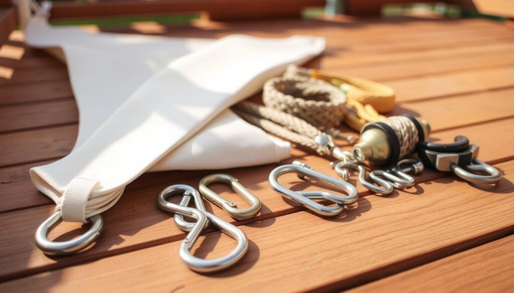 Detailed image of various sailcloth accessories for patio installation, arranged on a wooden deck. Includes sturdy hooks, carabiners, rope, and fittings in stainless steel or brass. Warm, natural lighting accentuates the textures and colors. Slightly elevated angle captures the accessories in a clean, organized layout, ready for attachment to the terrace structure. Conveys a sense of preparedness and functionality for securely mounting a sail canopy or shade on an outdoor living space.