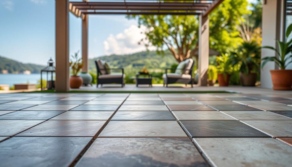 Outdoor tiles, arranged in a visually appealing pattern, spanning the foreground of the image. The tiles are made of durable, weather-resistant materials, such as natural stone or high-quality ceramic, ensuring their longevity in the face of outdoor elements. The middle ground features a cozy, inviting patio setting, with comfortable furniture and lush greenery surrounding the tiled area. The background showcases a serene, picturesque outdoor scene, with a tranquil body of water or a verdant landscape, creating a calming and harmonious atmosphere. The lighting is natural and soft, highlighting the textures and colors of the tiles and the overall outdoor environment. The camera angle captures the scene from a slightly elevated perspective, allowing the viewer to appreciate the thoughtful design and the integration of the tiles within the broader outdoor space. Outdoor tiles, arranged in a visually appealing pattern, spanning the foreground of the image. The tiles are made of durable, weather-resistant materials, such as natural stone or high-quality ceramic, ensuring their longevity in the face of outdoor elements. The middle ground features a cozy, inviting patio setting, with comfortable furniture and lush greenery surrounding the tiled area. The background showcases a serene, picturesque outdoor scene, with a tranquil body of water or a verdant landscape, creating a calming and harmonious atmosphere. The lighting is natural and soft, highlighting the textures and colors of the tiles and the overall outdoor environment. The camera angle captures the scene from a slightly elevated perspective, allowing the viewer to appreciate the thoughtful design and the integration of the tiles within the broader outdoor space.
