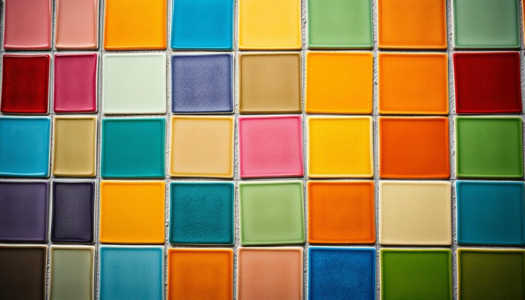 A close-up view of an array of square ceramic tiles in a variety of vibrant, saturated colors, arranged in a grid pattern. The tiles are surrounded by an array of grouted joints in different hues, showcasing the diverse color options for grout that can be used to complement the tile design. The scene is evenly lit from above, creating soft, diffused shadows that accentuate the textural details of the tiles and grout. The image conveys a sense of harmony and design potential, highlighting the versatility of color choices in tile and grout selection for interior spaces.