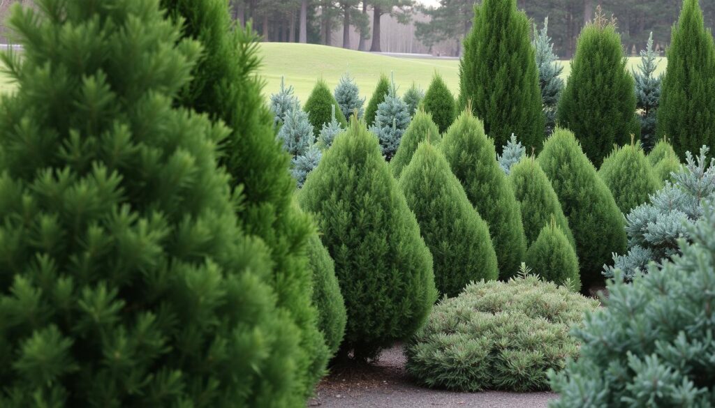A cozy garden scene showcasing the perfect placement of evergreen shrubs and trees. In the foreground, lush, feathery fir trees stand tall, their dark green needles glistening in the soft, filtered sunlight. Behind them, a row of shapely juniper bushes add texture and depth, their silvery-blue foliage complementing the deeper hues. In the middle ground, a gently sloping hill is dotted with clusters of aromatic cedars, their pyramidal forms casting intriguing shadows. In the distance, a backdrop of towering pines frames the tranquil setting, their strong, straight trunks providing a sense of stability and permanence. The overall composition evokes a sense of peaceful harmony, inviting the viewer to imagine the perfect placement of these resilient, decorative evergreens in their own garden.