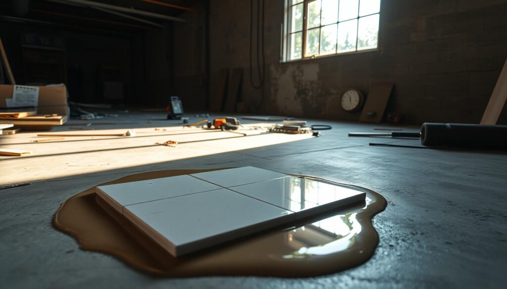 A dimly lit, industrial workspace with various construction materials and tools scattered across a concrete floor. In the foreground, a set of ceramic tiles is partially submerged in a pool of adhesive, the surface of the glue reflecting the harsh overhead lighting. In the middle ground, a digital hygrometer and thermometer display the environmental conditions - temperature and humidity levels that influence the drying process. The background features a partially opened window, allowing a glimpse of the outdoors, hinting at the external factors that can impact the curing time of the adhesive. The overall atmosphere is one of focused attention on the task at hand, with a sense of the importance of environmental factors in achieving the desired outcome.