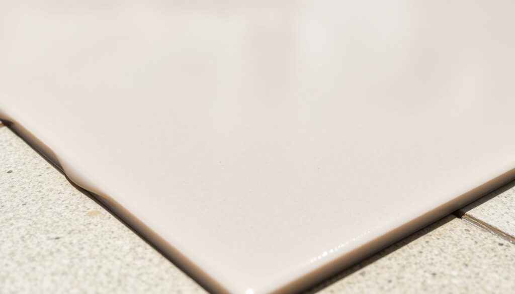 A high-quality, matte-finished universal adhesive for outdoor tile installation. A close-up view showcases the tile adhesive's smooth, creamy texture and subtle sheen, highlighting its durable, weather-resistant formulation. The adhesive is spread evenly across a textured, neutral-colored surface, ready to securely bond tiles in a well-lit, airy outdoor setting. The image conveys the product's key attributes of flexibility, frost resistance, and suitability for demanding exterior applications, aligning with the article's focus on critical tile adhesive parameters.