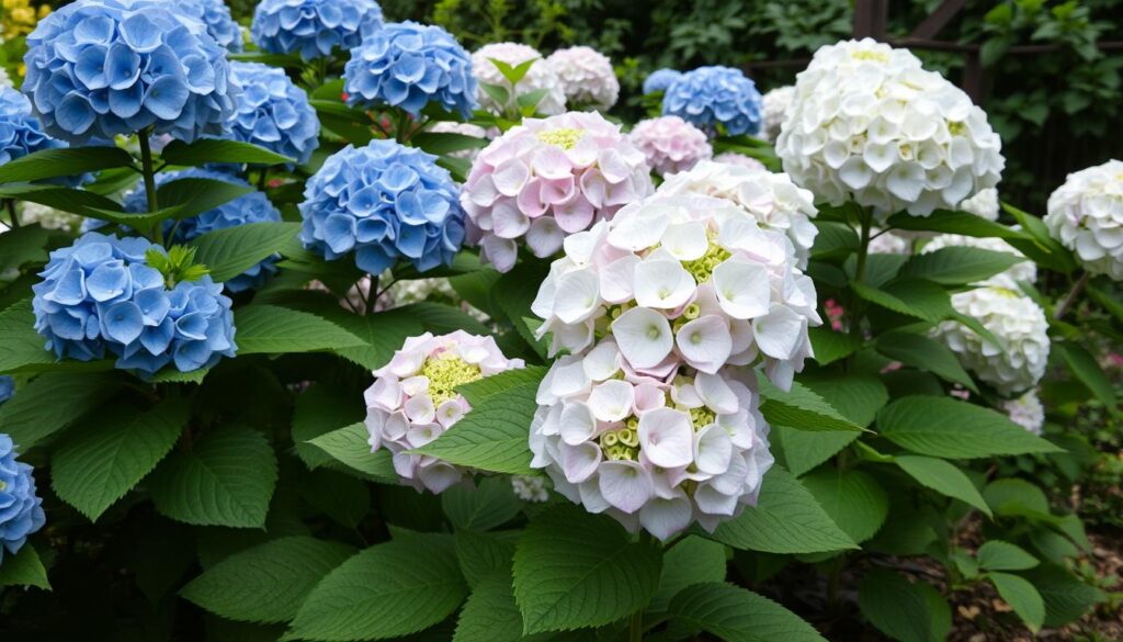 A lush, meticulously detailed garden scene featuring a vibrant display of hydrangea (Hydrangea macrophylla) plants in full bloom. The foreground showcases the large, rounded flower heads in shades of blue, pink, and white, their petals delicately textured. The middle ground reveals the large, serrated leaves and sturdy stems supporting the blooms, while the background features a naturalistic setting with verdant foliage and perhaps a glimpse of a wooden fence or trellis. The lighting is soft and diffused, creating a warm, inviting atmosphere. The overall composition is well-balanced, highlighting the beauty and elegance of these quintessential garden plants.
