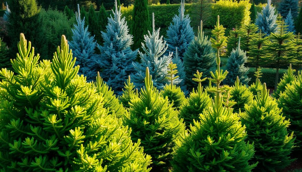 A lush, verdant garden filled with a variety of resilient and ornamental coniferous trees. In the foreground, a cluster of stately, pyramidal Norway spruces with their dense, deep-green foliage. In the middle ground, a row of towering, silvery-blue Colorado blue spruces, their branches sweeping gracefully. Further back, a mix of diverse conifers such as Eastern white pines, Japanese red cedars, and Deodar cedars, creating a harmonious tapestry of textures and hues. The scene is bathed in warm, natural light, casting soft shadows that accentuate the sculptural forms of the evergreens. The overall atmosphere conveys a sense of tranquility and resilience, perfectly capturing the essence of the topic "Jakie iglaki do ogrodu – gatunki popularne i odporne".