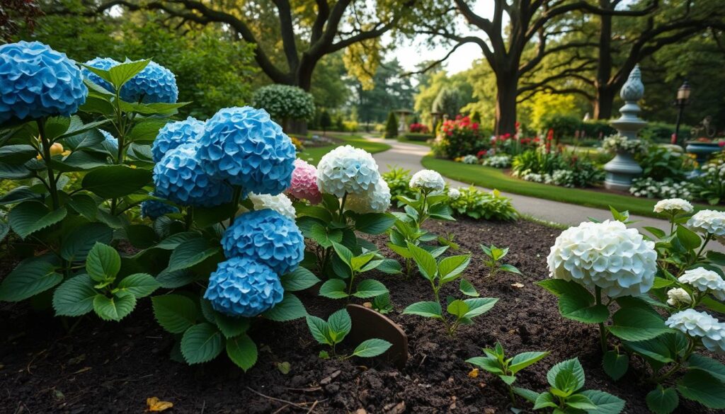 A lush, verdant garden scene with a focus on planting a vibrant hydrangea (hortensja). In the foreground, a pair of gloved hands gently digging into the rich, dark soil to create a planting hole. Surrounding the hole, a collection of healthy hydrangea plants in various shades of blue, pink, and white, their large, full blooms commanding attention. In the middle ground, a winding garden path leads the eye deeper into the scene, with other flowering plants and ornamental features lining the edges. The background is filled with a backdrop of mature trees, their branches casting dappled sunlight over the garden. The overall mood is one of tranquility, with a sense of care and attention to detail in the hydrangea planting process.