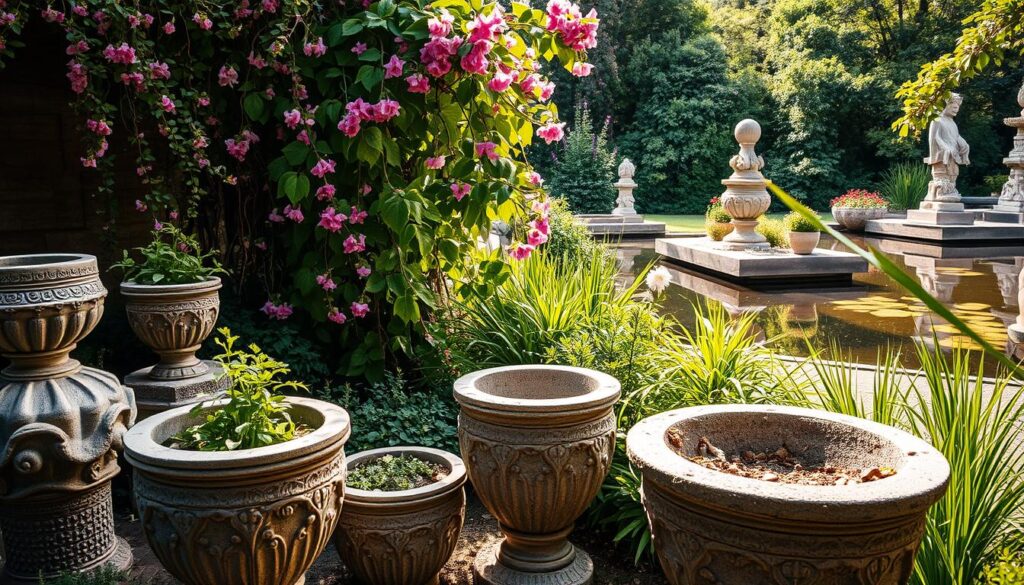 A lush, verdant garden with a mix of natural and concrete elements. In the foreground, a collection of intricate concrete planters and sculptures, their textured surfaces reflecting the warm sunlight. In the middle ground, cascading vines and climbing flowers softly embracing the concrete forms, blending the organic and the manmade. The background features a tranquil pond, its still waters mirroring the concrete structures and the surrounding foliage. The overall atmosphere is one of harmonious coexistence, where the beauty of nature and the craftsmanship of concrete create a visually striking and serene landscape.