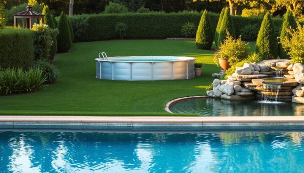 A serene outdoor scene showcasing the pros and cons of various garden pools. In the foreground, a tranquil in-ground swimming pool reflects the surrounding lush greenery. In the middle ground, a sleek above-ground pool stands amidst a well-manicured lawn. Further back, a natural pond with a waterfall feature offers a more rustic alternative. The lighting is a warm, golden hour glow, casting long shadows and creating a soothing, contemplative atmosphere. The composition highlights the distinct characteristics and design elements of each pool type, inviting the viewer to ponder the trade-offs between cost, installation, maintenance, and aesthetic appeal when selecting the ideal backyard oasis.