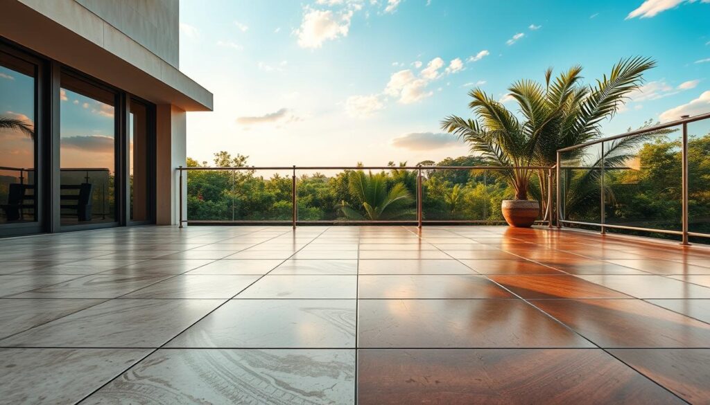 A sleek, modern balcony with a side-by-side comparison of ceramic tiles and epoxy resin flooring. In the foreground, the tiles showcase their intricate patterns and textured surfaces, while the resin presents a seamless, glossy finish. The middle ground highlights the durability and weather-resistance of both materials, with subtle details that showcase their unique properties. The background features a warm, natural ambiance, with lush greenery and a serene sky, creating a calming and inviting atmosphere. The image is captured with a wide-angle lens, emphasizing the contrast and balance between the two flooring options, allowing the viewer to evaluate their advantages and drawbacks at a glance.