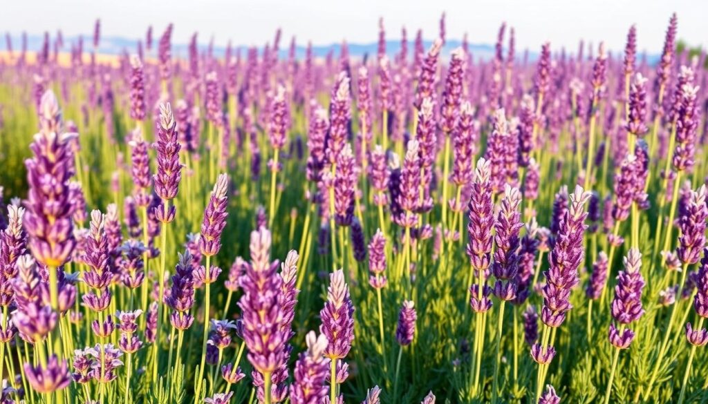 A vibrant field of lavender plants in full bloom, showcasing their distinctive purple hues and delicate, feathery foliage. The scene is bathed in warm, golden afternoon light, casting soft shadows across the gently swaying stems. In the foreground, individual lavender varieties are prominently displayed, allowing viewers to appreciate their unique characteristics - from the tall, upright 'Hidcote' with its intense purple blooms to the more compact, silvery-gray 'Munstead'. The middle ground features a diverse mix of lavender cultivars, their colors ranging from deep indigo to pale lilac, creating a harmonious and visually captivating composition. In the background, a hazy blue sky adds a sense of tranquility and depth to the scene.