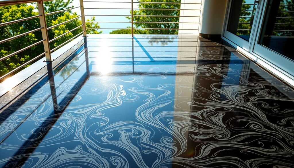 A warm, sun-drenched balcony with a sleek, glossy resin floor. The surface shimmers and glistens, reflecting the vibrant greenery and azure sky beyond. Intricate swirls and patterns dance across the epoxy, creating a mesmerizing, tactile surface. Subtle highlights and shadows accentuate the depth and texture, giving the resin a luxurious, high-end aesthetic. The balcony is framed by sturdy, modern railings, and the overall scene exudes a sense of tranquility and sophistication. Crisp, directional lighting illuminates the space, showcasing the resin's durable and easy-to-maintain qualities. This image perfectly captures the elegance and practical benefits of using resin for a balcony application.