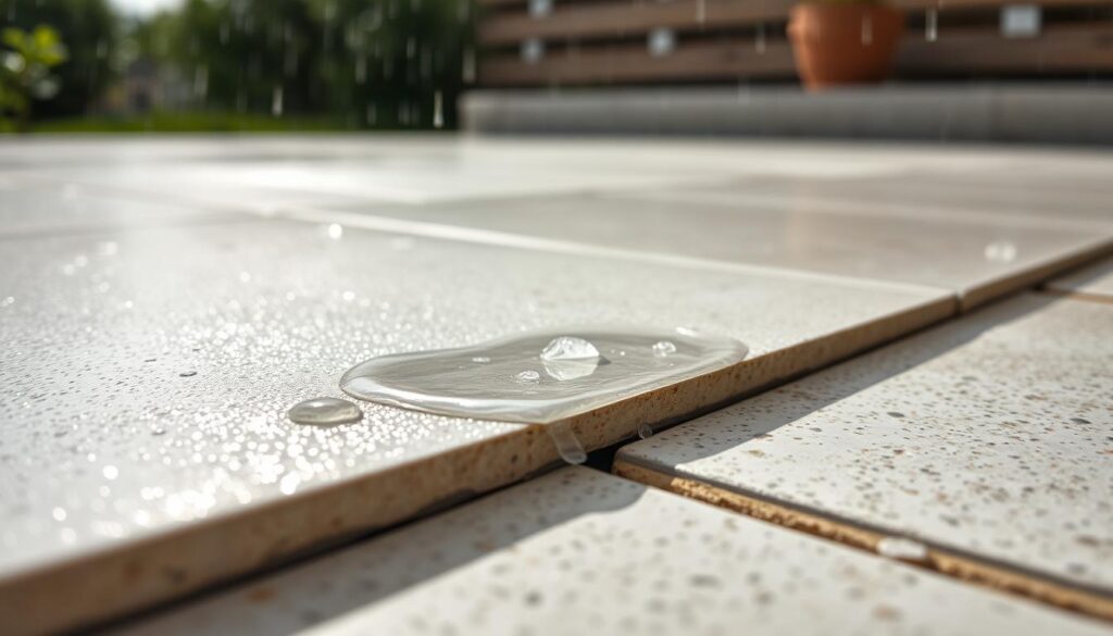 A weatherproof adhesive adhering to concrete tiles, its surface glistening under a soft, diffused light. The foreground showcases the texture and resilience of the material, while the middle ground depicts the adhesive bonding the tiles securely in place. In the background, a subtly blurred outdoor setting suggests the challenging environmental conditions this product is designed to withstand - rain, frost, and temperature fluctuations. The overall composition conveys the key attributes of this specialized adhesive: durability, flexibility, and protection against the elements.