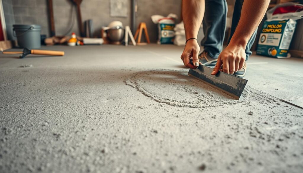 A well-lit interior space showcasing the application of a floor leveling compound. In the foreground, a worker's hands carefully spreads and smooths the grey, cementitious mixture across a concrete subfloor using a large, flat trowel. The middle ground reveals the textured, even surface as the compound dries. In the background, various tools and materials, such as a bucket, a mixing paddle, and bags of the compound, are neatly arranged, indicating a professional, organized workspace. The lighting creates a soft, warm ambiance, highlighting the technical nature of the task. The overall scene conveys the meticulous preparation required for a successful tile installation.