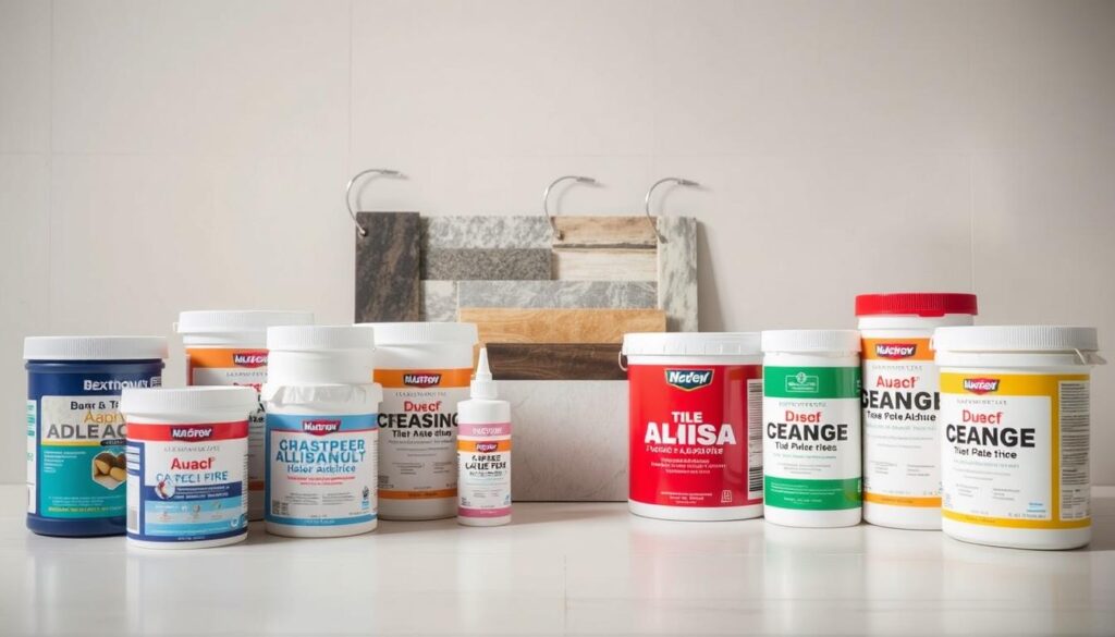 A well-lit still life showcasing an assortment of ceramic tile adhesive products. In the foreground, a variety of tile adhesive containers in different sizes and colors, each with distinct labeling and branding. In the middle ground, a selection of tile samples in various materials and finishes, arranged neatly. The background features a clean, neutral-toned wall, creating a minimalist and professional atmosphere. The lighting is soft and diffused, highlighting the textures and details of the products. The composition is balanced and visually appealing, conveying the diversity and quality of tile adhesives available.