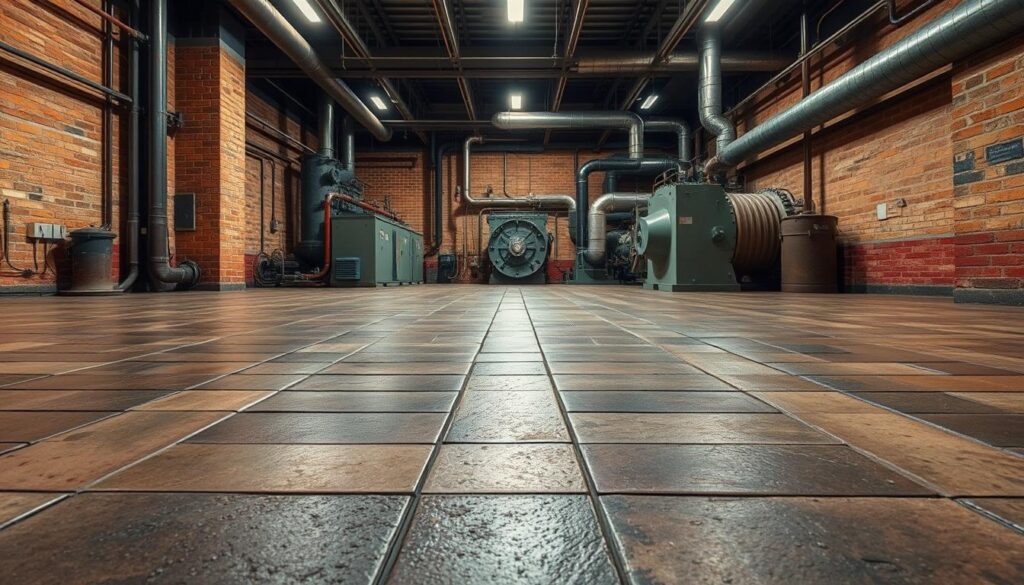 An industrial-grade ceramic tile floor, reflecting the harsh realities of a boiler room. Rugged, textured tiles in a variety of muted earth tones cover the ground, their surfaces worn and weathered from years of heavy foot traffic and machinery vibrations. Bright, even lighting casts a clinical, utilitarian glow, illuminating the utilitarian nature of the space. The tiles stretch out to the edges of the frame, leading the eye towards the industrial equipment and pipes that dominate the middle ground. In the background, the brick walls and metal ceiling beams suggest an older, well-established facility, where function takes precedence over form. The overall impression is one of durability, safety, and a no-nonsense approach to the demands of an active boiler room environment.