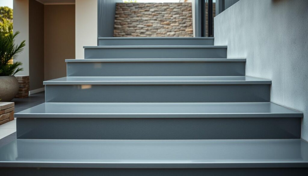 An outdoor staircase made of modern, seamless resin flooring, capturing a sleek and minimalist aesthetic. The steps are coated in a durable, high-gloss finish that reflects the natural light, creating a striking visual effect. The middle and background feature a subtly textured, stone-like surface, blending harmoniously with the surrounding architecture. The overall composition conveys a sense of contemporary sophistication, with a focus on clean lines and a harmonious color palette, ranging from cool grays to warm, earthy tones. Captured from a low, eye-level angle to emphasize the staircase's visual impact and architectural elegance.