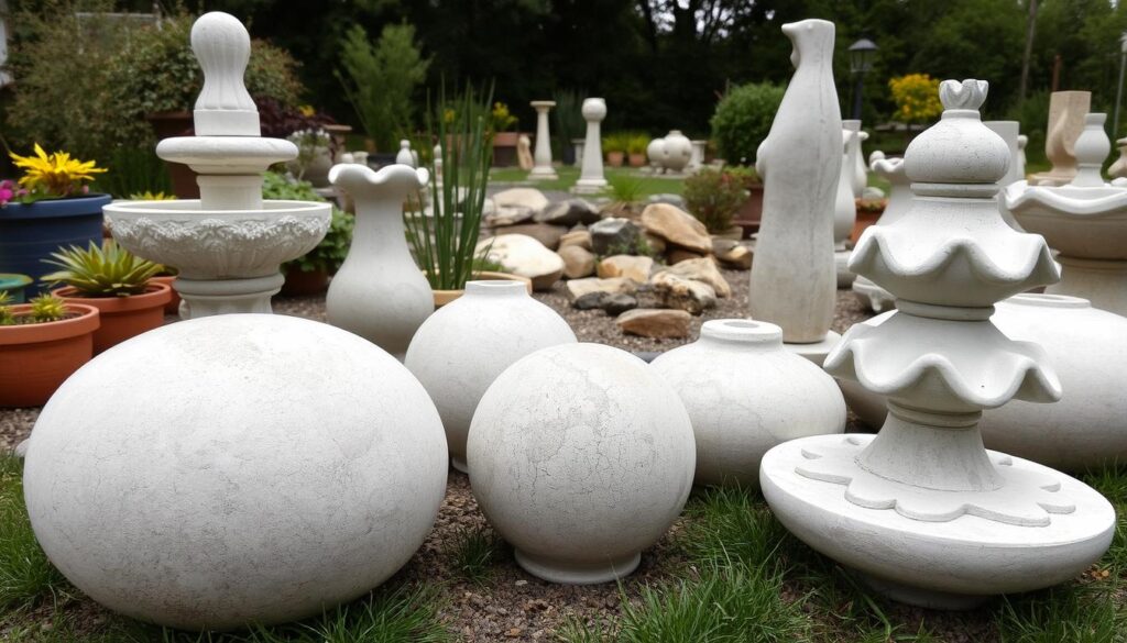 Outdoor garden setting with various concrete garden decorations displayed prominently in the foreground. Smooth, refined concrete textures with natural imperfections. Detailed close-up shots showcasing intricate patterns, shapes, and finishes. Middle ground features potted plants, landscaping, and natural elements like rocks or wood to complement the concrete pieces. Soft, diffused natural lighting from an overcast sky creates a calm, earthy atmosphere. Camera angle slightly elevated to provide a dynamic perspective, capturing the scale and craftsmanship of the handmade concrete decorations.