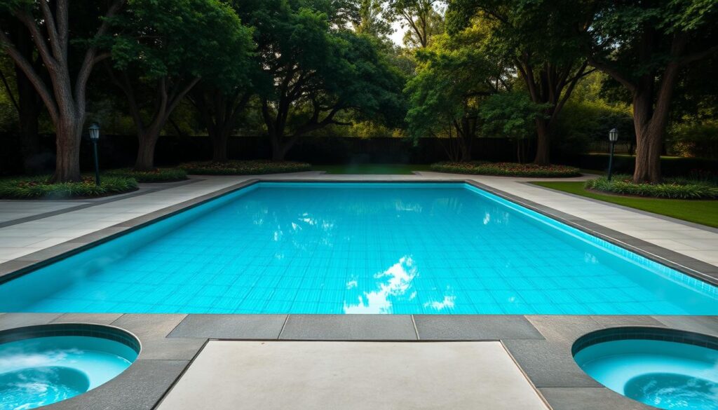 Outdoor swimming pool in a lush garden setting. A large rectangular pool with crystal-clear blue water takes center stage, surrounded by a paved deck and landscaped greenery. Tall trees provide natural shade, creating a peaceful, secluded ambiance. The pool is flanked by two smaller circular hot tubs, steam rising from the warm water. Soft, diffused lighting illuminates the scene, creating a calming, inviting atmosphere perfect for relaxation. The entire setup is captured from a low, slightly elevated angle, emphasizing the scale and tranquility of the outdoor oasis.