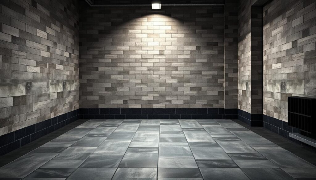 Photorealistic high-quality image of floor tiles suitable for a boiler room. Sturdy, durable, and slip-resistant ceramic tiles in a muted, industrial color palette of grays, blacks, and dark browns. Tiles arranged in a classic, uniform grid pattern, with slight variations in tone and texture to create a natural, weathered appearance. Dramatic overhead lighting casts dramatic shadows, emphasizing the rugged, utilitarian nature of the space. The tiles reflect the harsh, demanding environment of a boiler room, yet maintain a clean, organized aesthetic. The overall impression is of a functional, well-designed space that can withstand the rigors of the application.