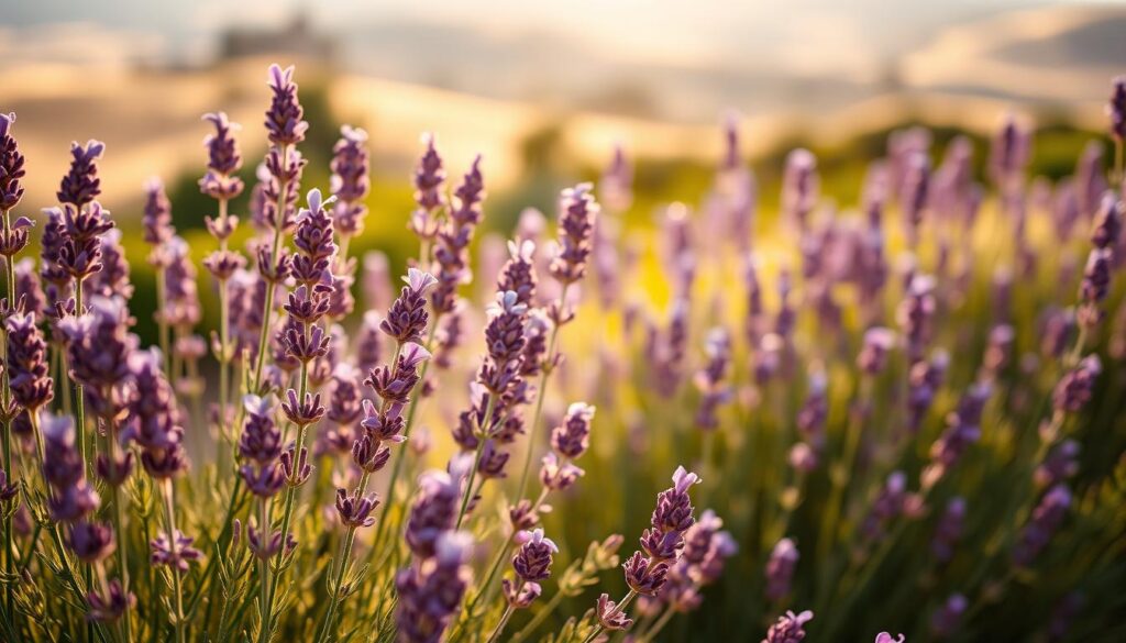 Vibrant lavender plants thriving in a well-manicured garden, bathed in warm golden sunlight. Close-up view showcasing the delicate purple blooms, their slender stems swaying gently in a soft breeze. The lush foliage creates a serene, calming atmosphere. In the background, a blurred landscape with rolling hills or a picturesque rural setting. Composition emphasizes the texture and intricate details of the lavender, inviting the viewer to appreciate the beauty and careful cultivation of this aromatic herb.