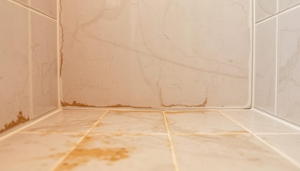 A bathroom scene with a close-up view of shower tiles, showcasing the buildup of hard water stains and mineral deposits. The tiles are a muted, off-white color, with visible discoloration and uneven surfaces. The lighting is soft and natural, highlighting the textural details of the tiles. The camera angle is slightly low, emphasizing the task of removing the stubborn stains from the tiles underfoot. The overall mood is one of a practical, problem-solving task, with a focus on the specific challenge of restoring the tiles to their original clean and smooth appearance.