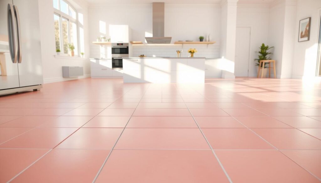 A bright, airy kitchen interior with freshly painted tile floors. In the foreground, neatly arranged tiles in a vibrant color palette, their glossy surfaces reflecting the warm, natural light streaming through large windows. In the middle ground, a modern kitchen counter with sleek, minimalist appliances, and a backsplash of matching, expertly painted tiles. The background features crisp white walls and a minimalist, Scandinavian-inspired decor, creating a sense of openness and tranquility. The overall atmosphere exudes a feeling of cleanliness, organization, and a renewed, rejuvenated space, showcasing the benefits of painting tiles.