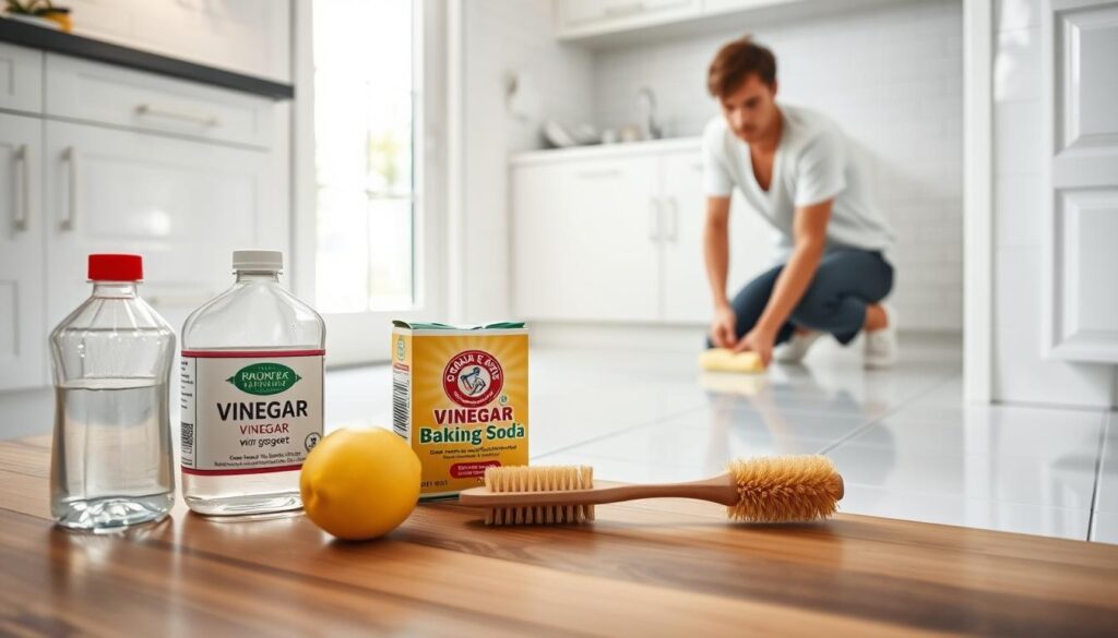 A bright, airy kitchen with gleaming white tiles covering the floors and walls. In the foreground, a collection of natural cleaning agents - vinegar, baking soda, lemon, and a scrub brush - arranged neatly on a wooden surface. The middle ground shows a person in casual clothing on their hands and knees, diligently scrubbing a particularly stubborn tile with the brush, a look of determination on their face. The background features a sunny window, casting a warm glow and highlighting the fresh, clean aesthetic. The overall scene conveys a sense of efficient, eco-friendly home cleaning techniques.