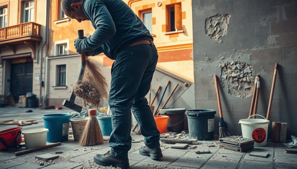 A bustling urban scene in Warsaw, Poland, showcasing the process of tile removal. In the foreground, a construction worker wielding a chisel and hammer carefully dislodges ceramic tiles from a wall, creating a cloud of dust and debris. The middle ground features a variety of tools and equipment used for the task, including buckets, brooms, and protective gear. In the background, the façade of an older building, its walls partially stripped, provides a contextual backdrop for the tile removal process. Warm, diffused natural lighting casts soft shadows, creating a sense of depth and atmosphere. The overall composition emphasizes the labor-intensive nature of this common home renovation task, with a focus on the visual details that capture the essence of "skucie płytek" in Warsaw. A bustling urban scene in Warsaw, Poland, showcasing the process of tile removal. In the foreground, a construction worker wielding a chisel and hammer carefully dislodges ceramic tiles from a wall, creating a cloud of dust and debris. The middle ground features a variety of tools and equipment used for the task, including buckets, brooms, and protective gear. In the background, the façade of an older building, its walls partially stripped, provides a contextual backdrop for the tile removal process. Warm, diffused natural lighting casts soft shadows, creating a sense of depth and atmosphere. The overall composition emphasizes the labor-intensive nature of this common home renovation task, with a focus on the visual details that capture the essence of "skucie płytek" in Warsaw.
